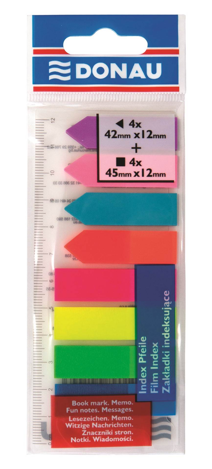 Zakładki indeksujące DONAU, PP, 12x45mm/12x42mm, stand./strzałka, 4x25/4x25 kart., mix kolorów