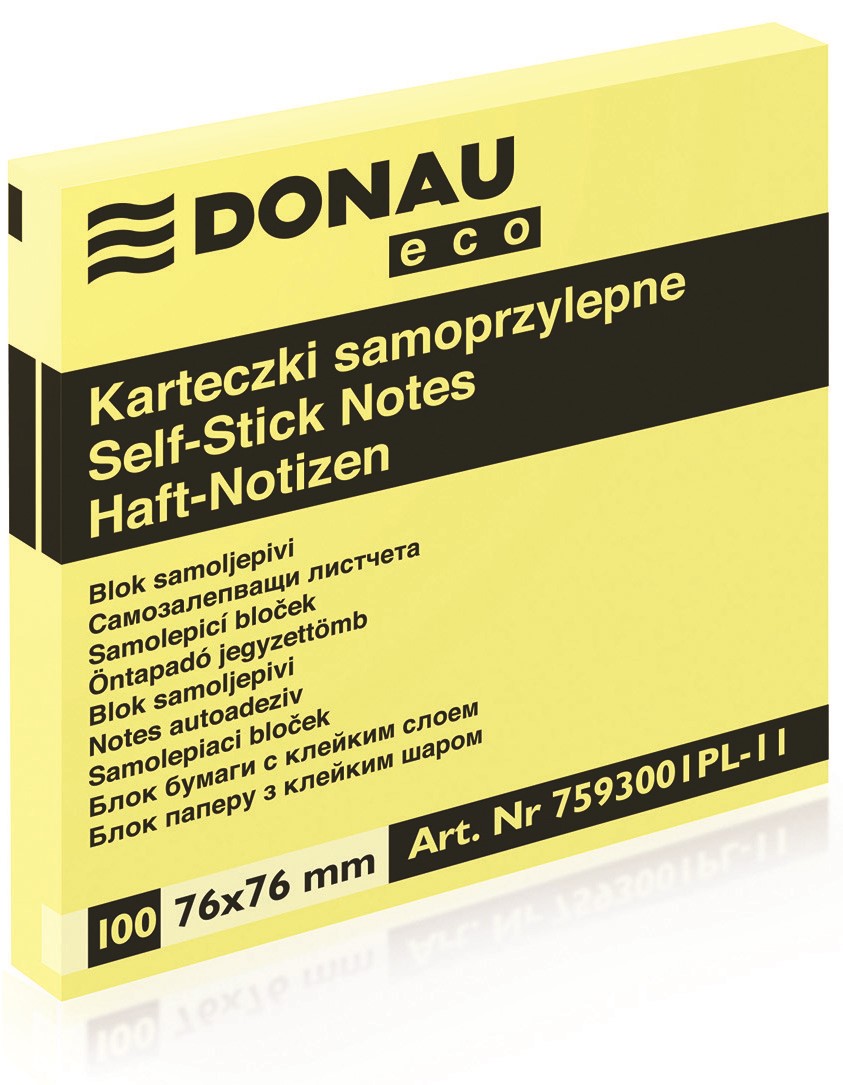 Bloczek samoprzylepny DONAU Eco, 76x76mm, 1x100 kart., jasnożółty