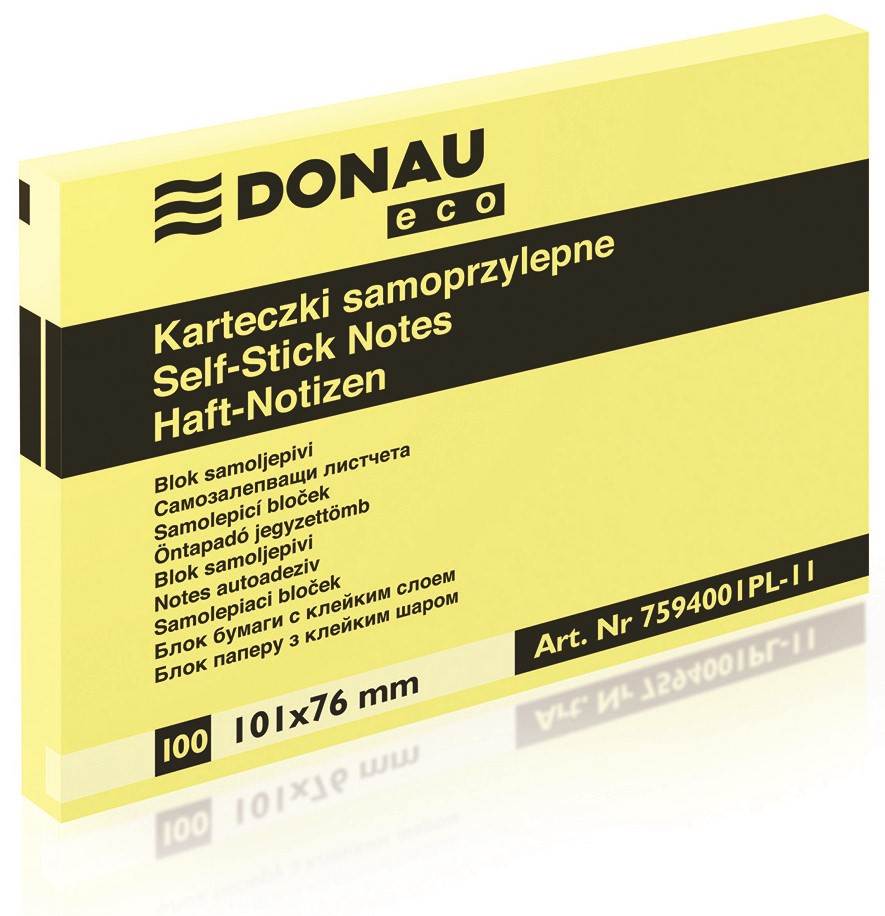 Bloczek samoprzylepny DONAU Eco, 101x76mm, 1x100 kart., jasnożółty