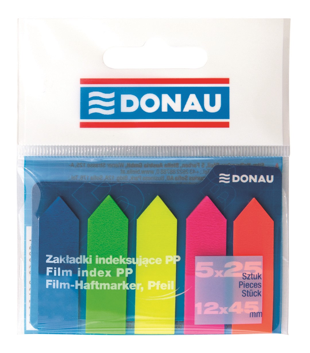 Zakładki indeksujące DONAU, PP, 12x45mm, strzałka, 5x25 kart., mix kolorów
