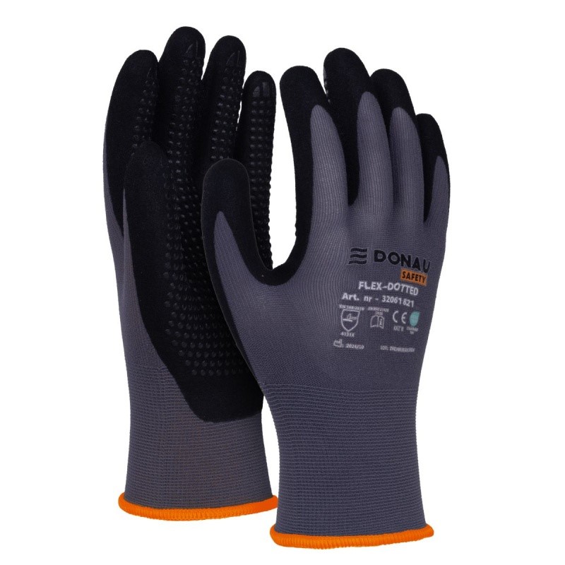 Rękawice DONAU SAFETY Flex-Dotted, kat. II, rozm. 8, szare