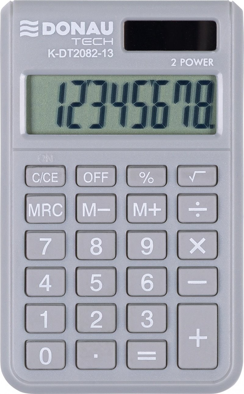 Kalkulator kieszonkowy DONAU TECH, 8-cyfr. wyświetlacz, wym. 97x60x10 mm, jasnoszary