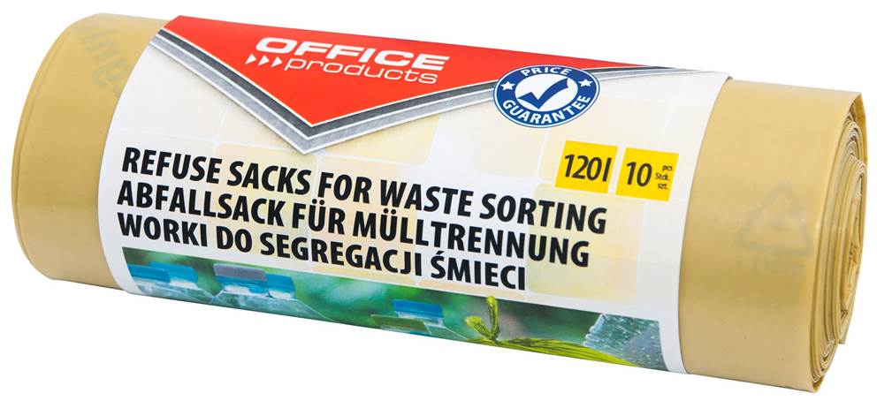 Worki na śmieci domowe OFFICE PRODUCTS, do segregacji plastiku, mocne (LDPE), 120l, 10szt., żółte