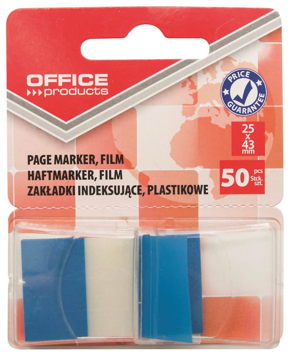 Zakładki indeksujące OFFICE PRODUCTS, PP, 25x43mm, 1x50 kart., blister, niebieskie