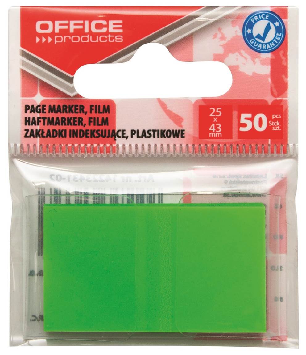 Zakładki indeksujące OFFICE PRODUCTS, PP, 25x43mm, 1x50 kart., zawieszka, zielone