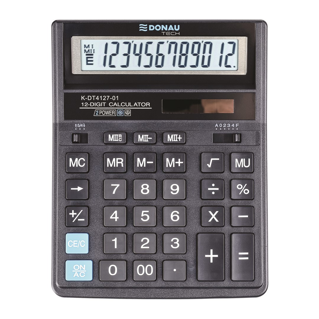 Kalkulator biurowy DONAU TECH, 12-cyfr. wyświetlacz, wym. 203x158x31 mm, czarny