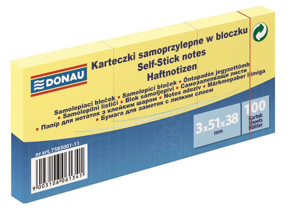 Bloczek samoprzylepny DONAU, 38x51mm, 1x100 kart., jasnożółty 3 szt./opak.