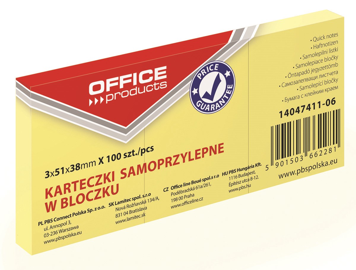 Bloczek samoprzylepny OFFICE PRODUCTS, 38x51mm, 1x100 kart., pastel, jasnożółty 3 szt./opak.