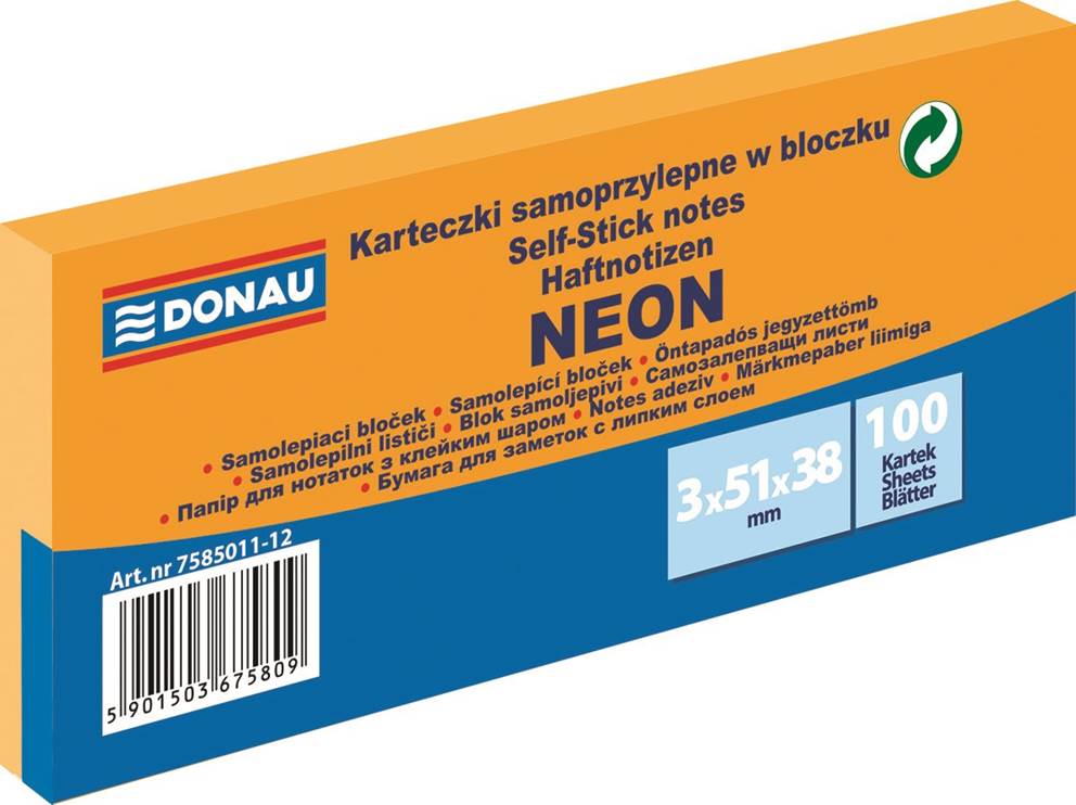 Bloczek samoprzylepny DONAU, 38x51mm, 3x100 kart., neon, pomarańczowy