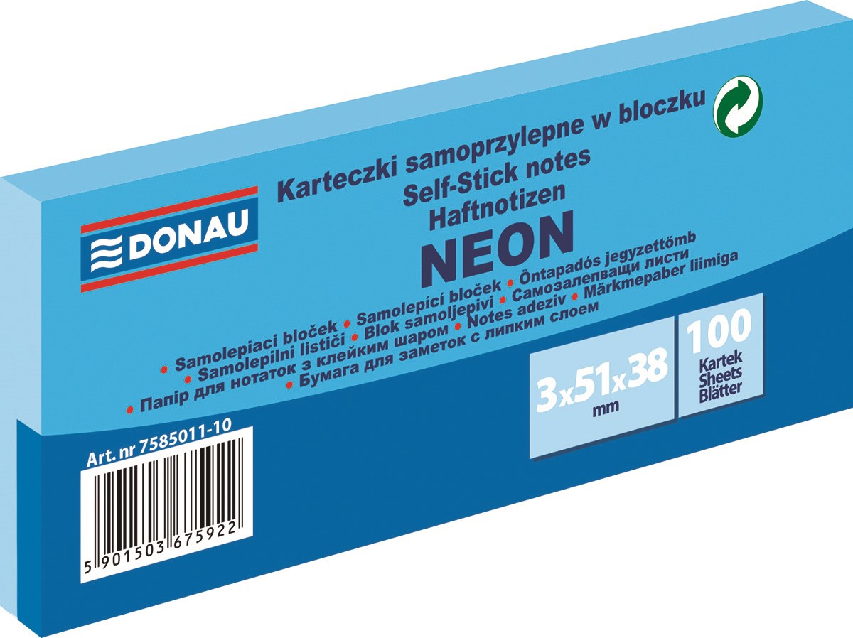 Bloczek samoprzylepny DONAU, 38x51mm, 3x100 kart., neon, niebieski
