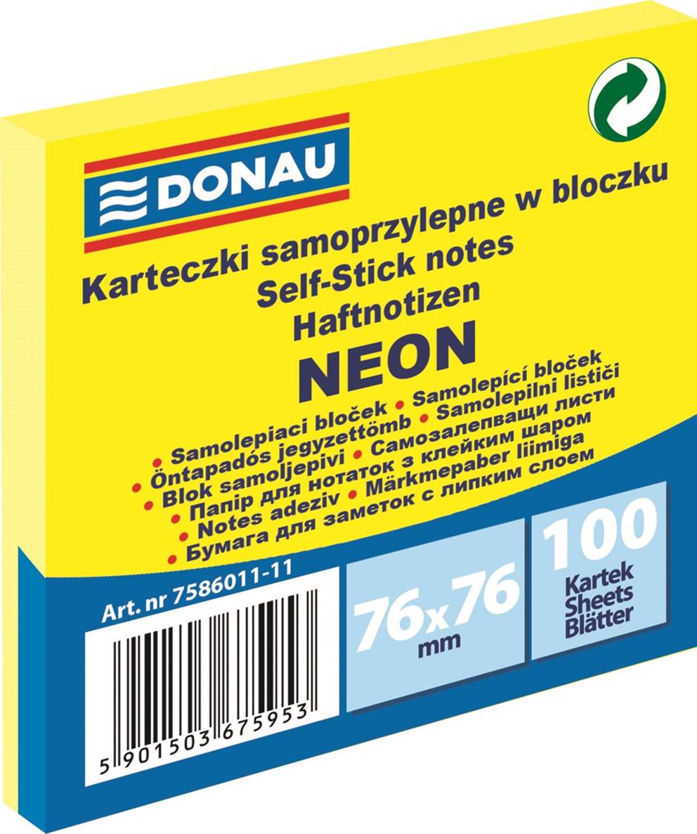 Bloczek samoprzylepny DONAU, 76x76mm, 1x100 kart., neon, żółty