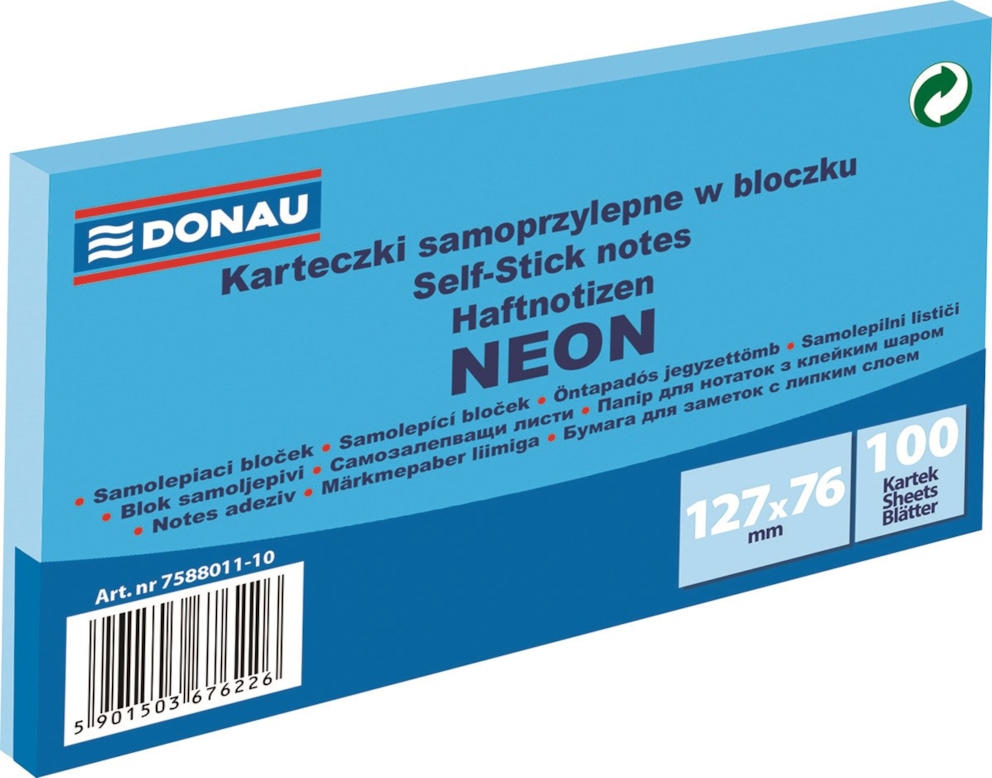 Bloczek samoprzylepny DONAU, 127x76mm, 1x100 kart., neon, niebieski