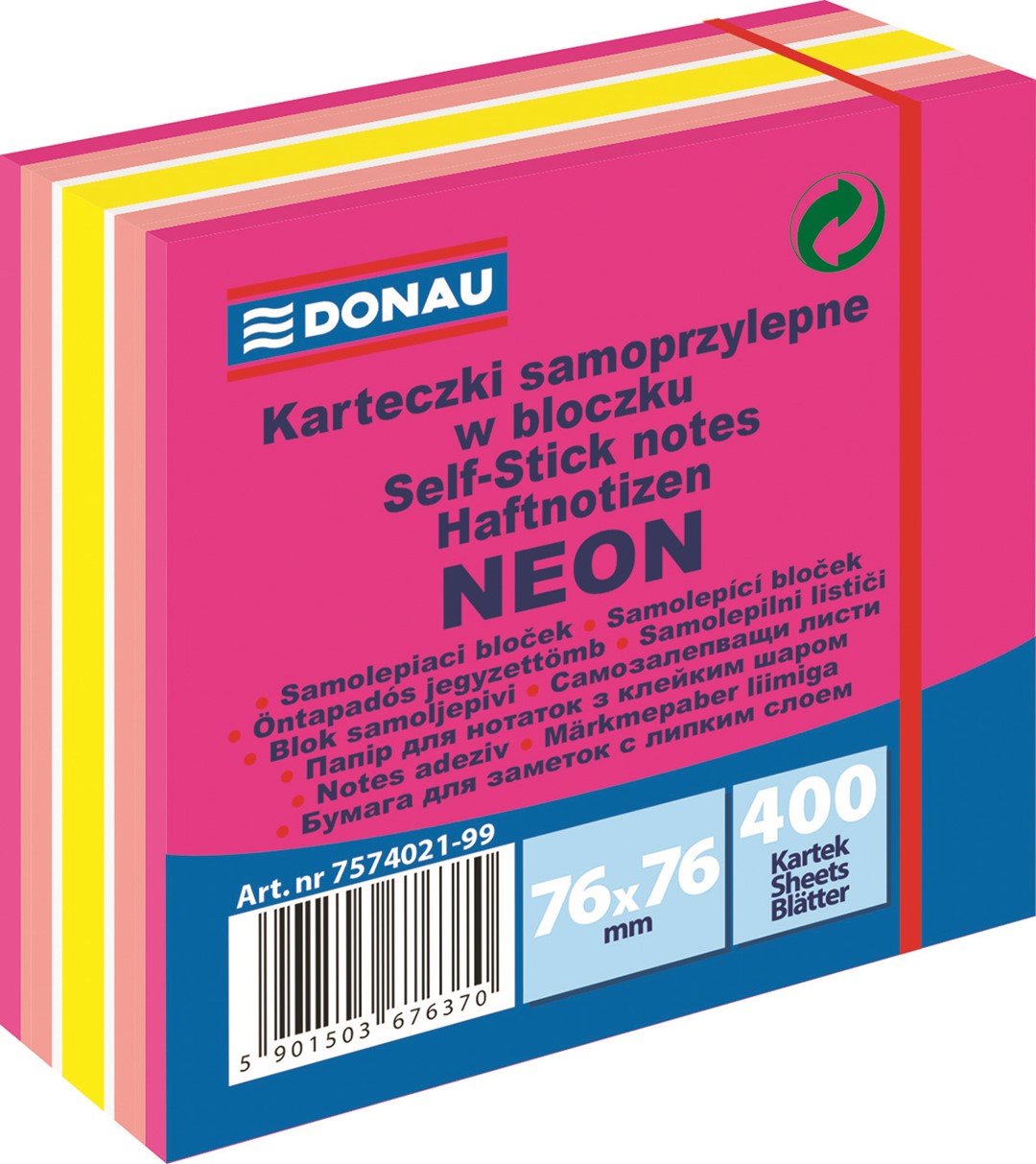 Kostka samoprzylepna DONAU, 76x76mm, 1x400 kart., neon-pastel, mix różowy
