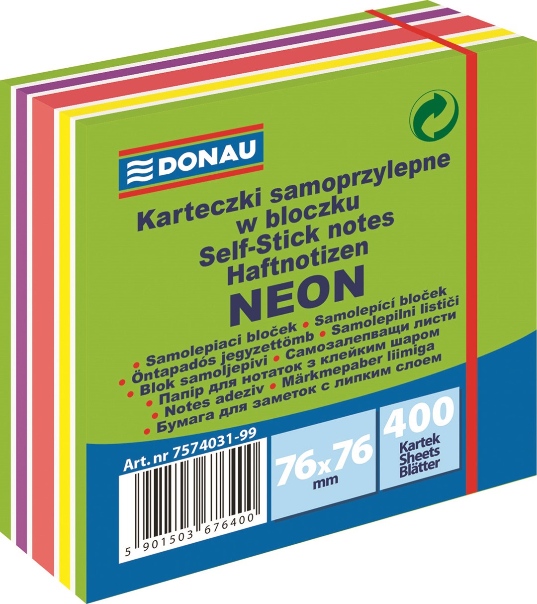 Kostka samoprzylepna DONAU, 76x76mm, 1x400 kart., neon-pastel, mix zielony