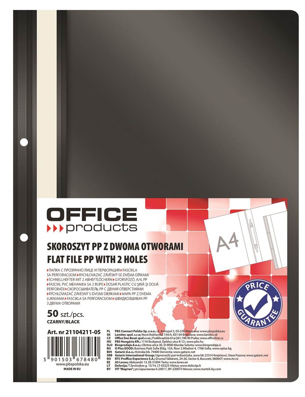 Skoroszyt OFFICE PRODUCTS, PP, A4, 2 otwory, 100/170mikr., wpinany, czarny
