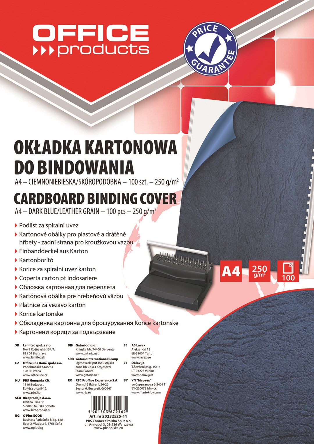 Okładki do bindowania OFFICE PRODUCTS, karton, A4, 250gsm, skóropodobne, 100szt., ciemnoniebieskie