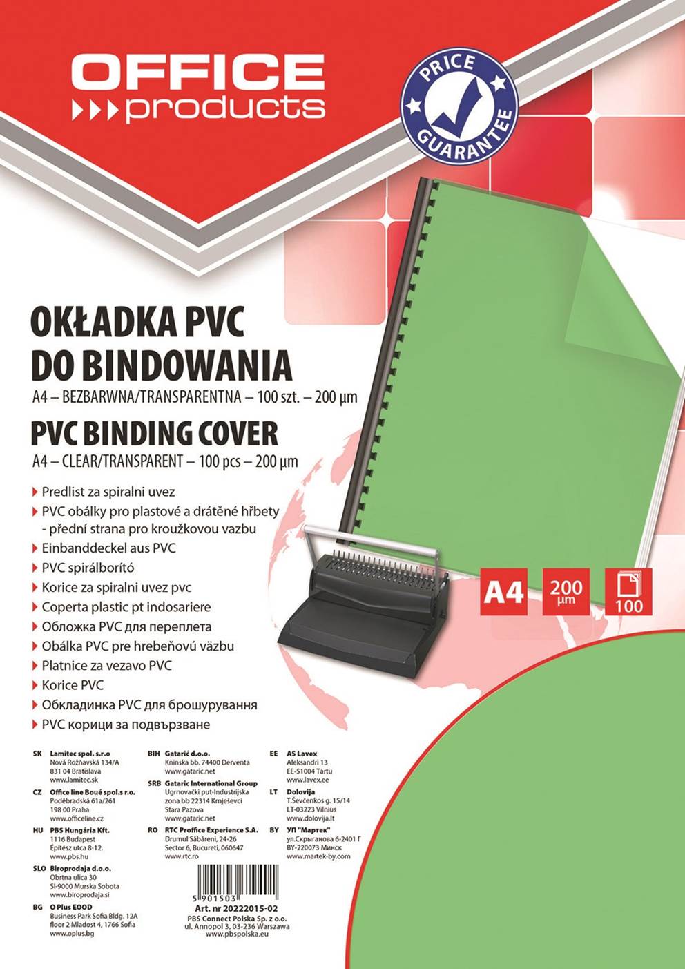 Okładki do bindowania OFFICE PRODUCTS, PVC, A4, 200mikr., 100szt., zielone transparentne
