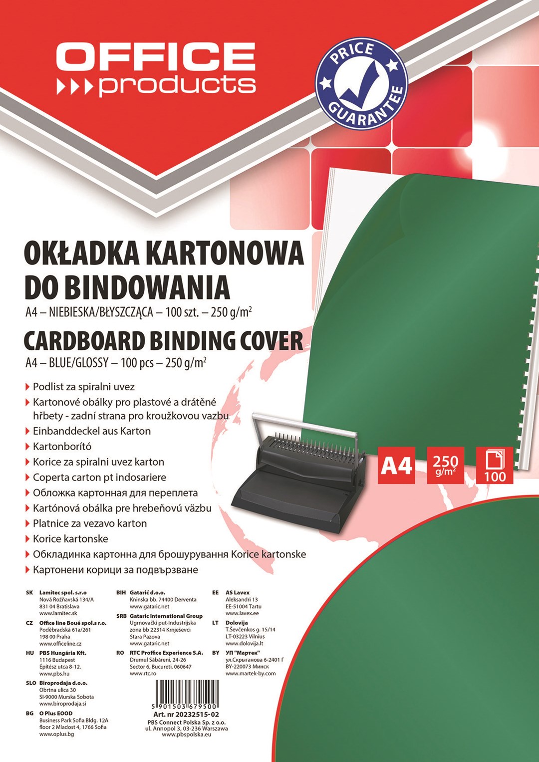 Okładki do bindowania OFFICE PRODUCTS, karton, A4, 250gsm, błyszczące, 100szt., zielone