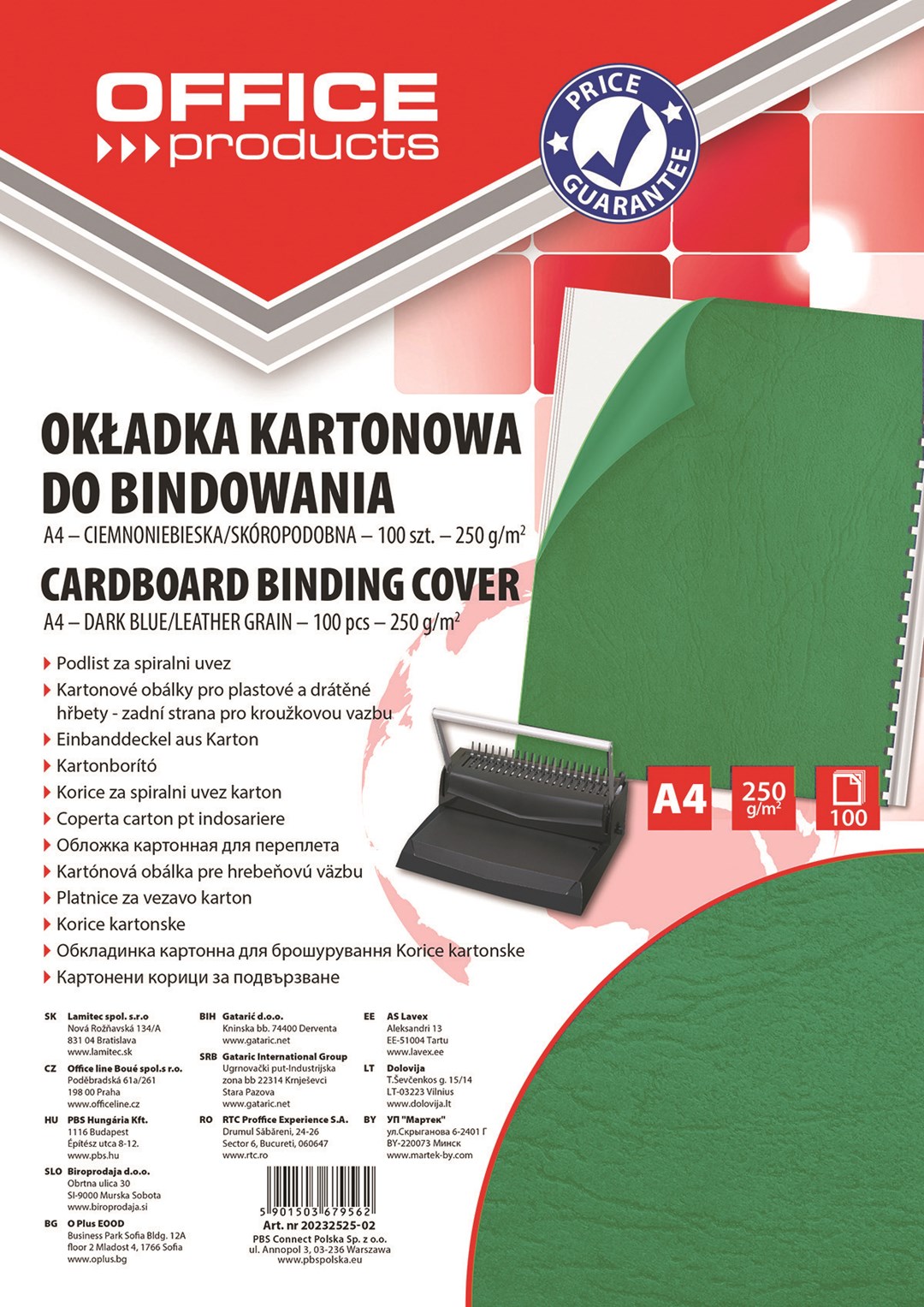 Okładki do bindowania OFFICE PRODUCTS, karton, A4, 250gsm, skóropodobne, 100szt., zielone