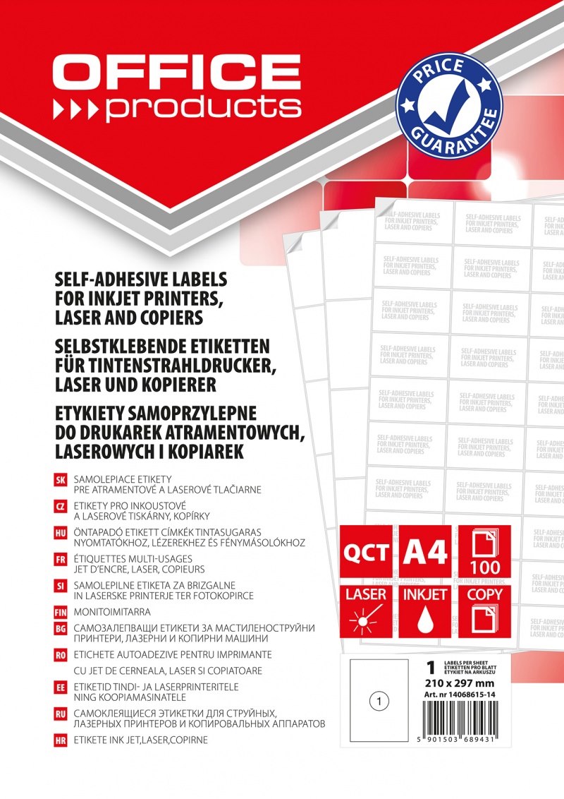 Etykiety OFFICE PRODUCTS, 210x297mm, białe, 100 ark.
