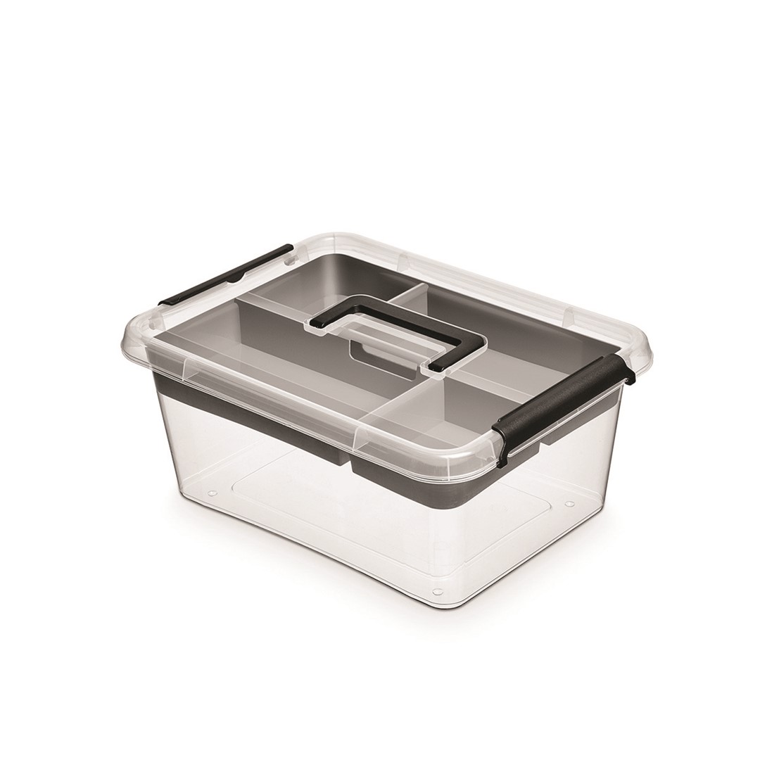 Pojemnik do przechowywania MOXOM Insert Box, 12,5l, z rączką, z klipsami, transparentny grafit