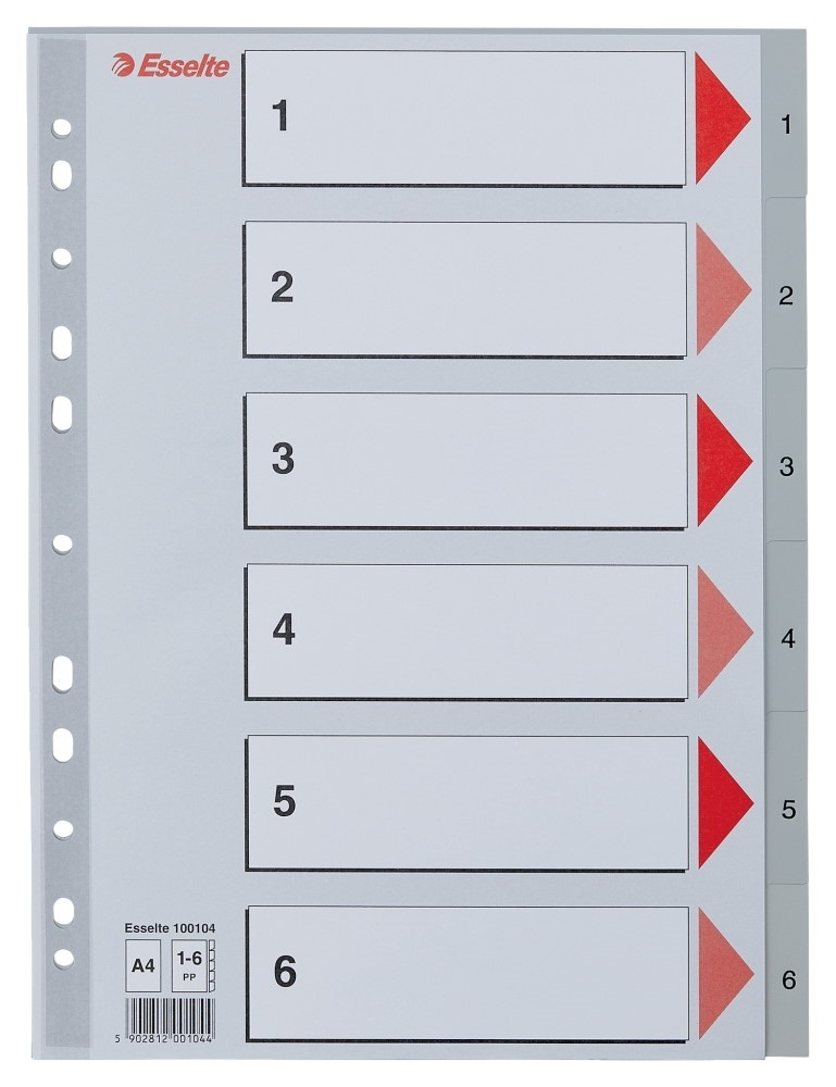 Przekładki plastikowe szare  PP numeryczne A4 Esselte, 1-6