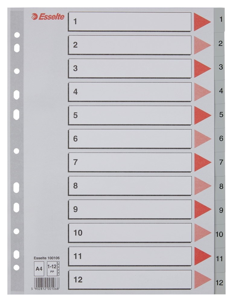 Przekładki plastikowe szare  PP numeryczne A4 Esselte, 1-12