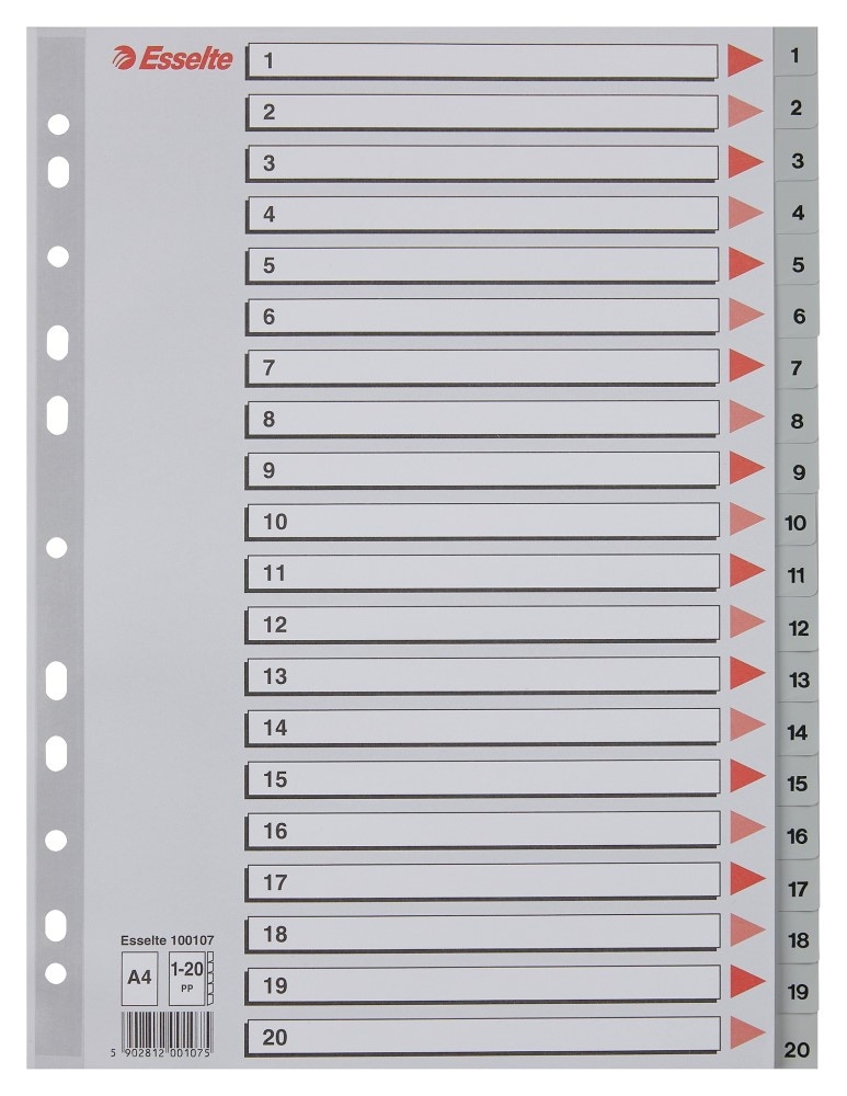 Przekładki plastikowe szare  PP numeryczne A4 Esselte, 1-20