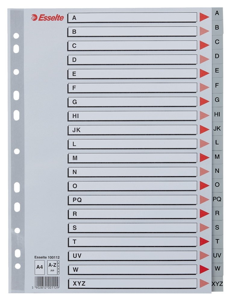 Przekładki plastikowe szare  PP alfabetyczne A4 Esselte, A-Z