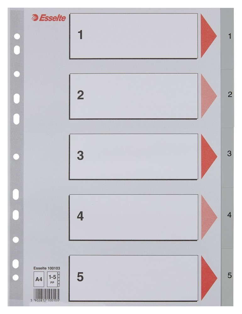 Przekładki plastikowe szare  PP numeryczne A4 Esselte, 1-5