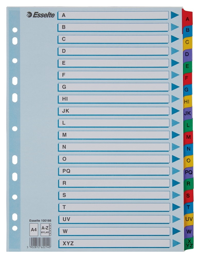 Przekładki kartonowe Mylar  A4 Esselte, biały A-Z