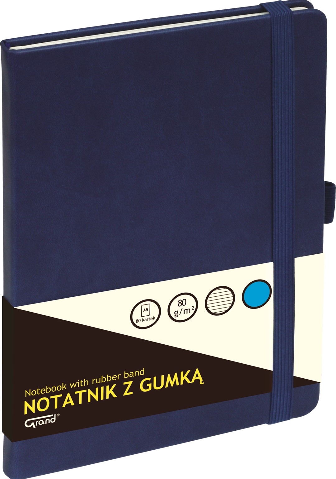 Notatnik GRAND z gumką  A5/80 kartek 80g/linia okładka granatowa