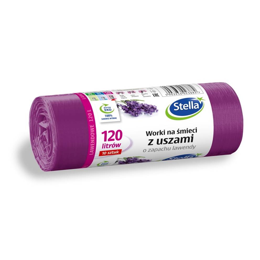 Worki na śmieci STELLA, z taśmą ściągającą, zapach lawendy, 120 l, 10 szt., lawendowy