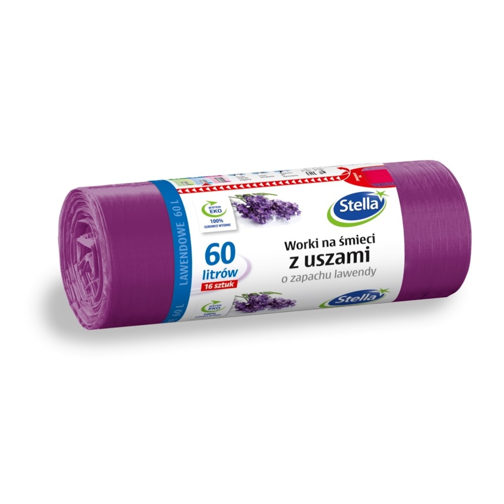 Worki na śmieci z uszami STELLA, zapach lawendy, 60 l, 16 szt., lawendowy