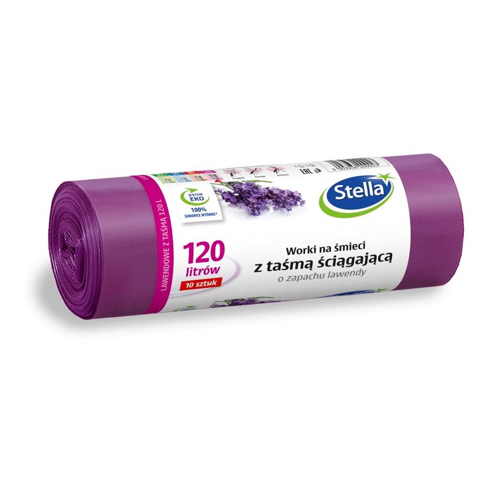 Worki na śmieci z uszami STELLA, zapach lawendy, 120 l, 10 szt., lawendowy