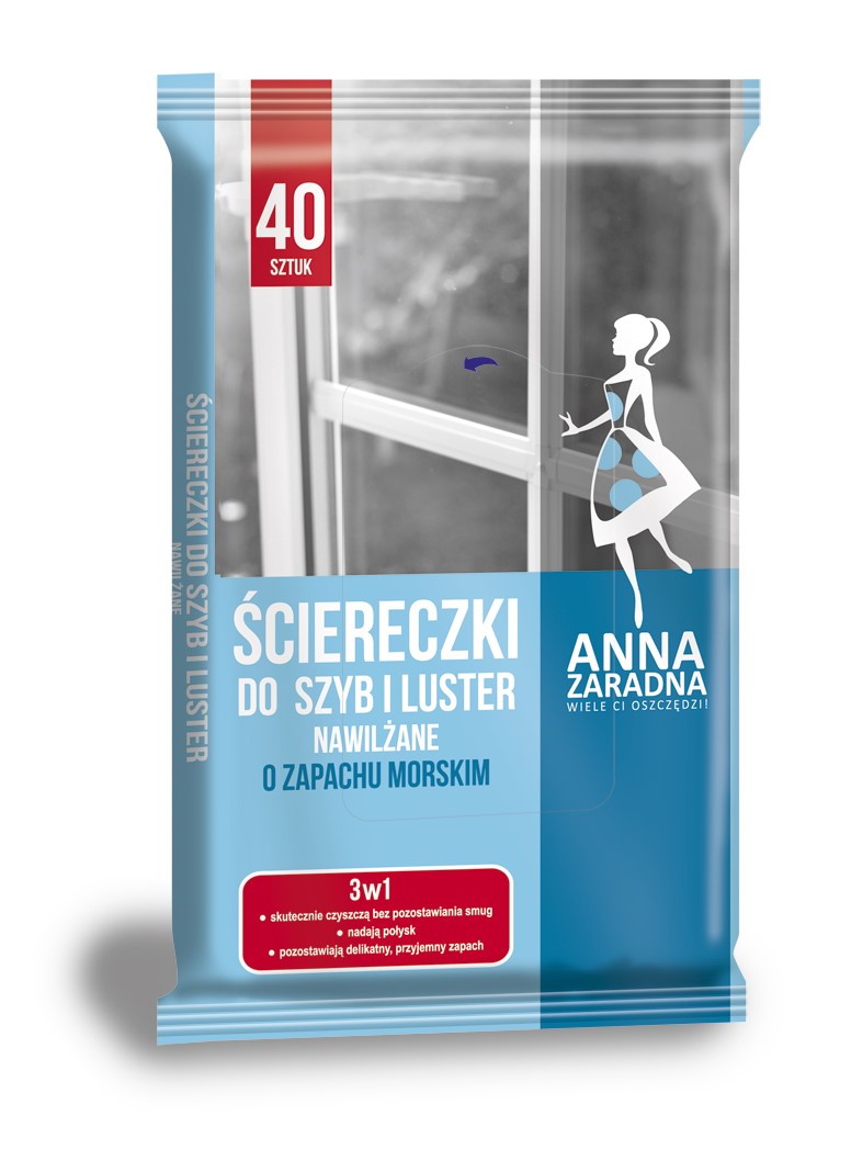 Ściereczki nawilżane ANNA ZARADNA, do szyb i luster, o zapachu morskim, 40 szt., białe chusteczki