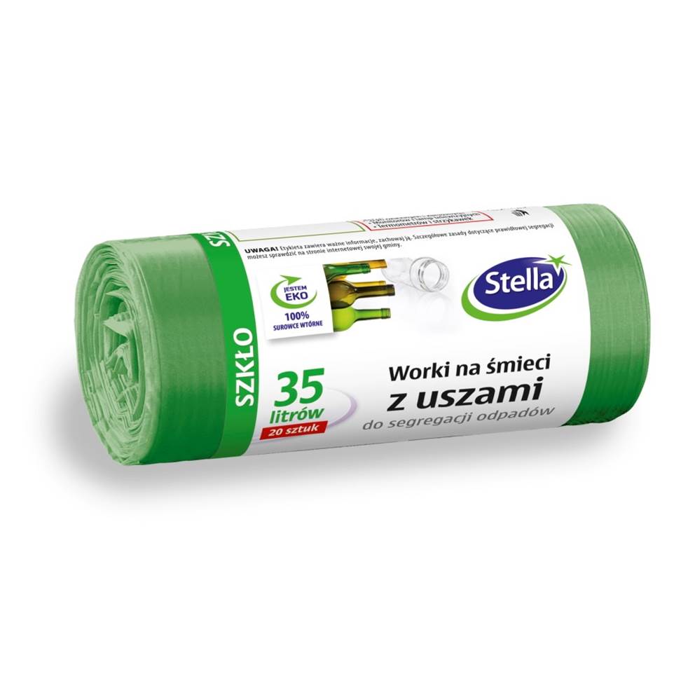 Worki z uszami  STELLA, do segregacji szkła, 35 l, 20 szt., zielone, zielony