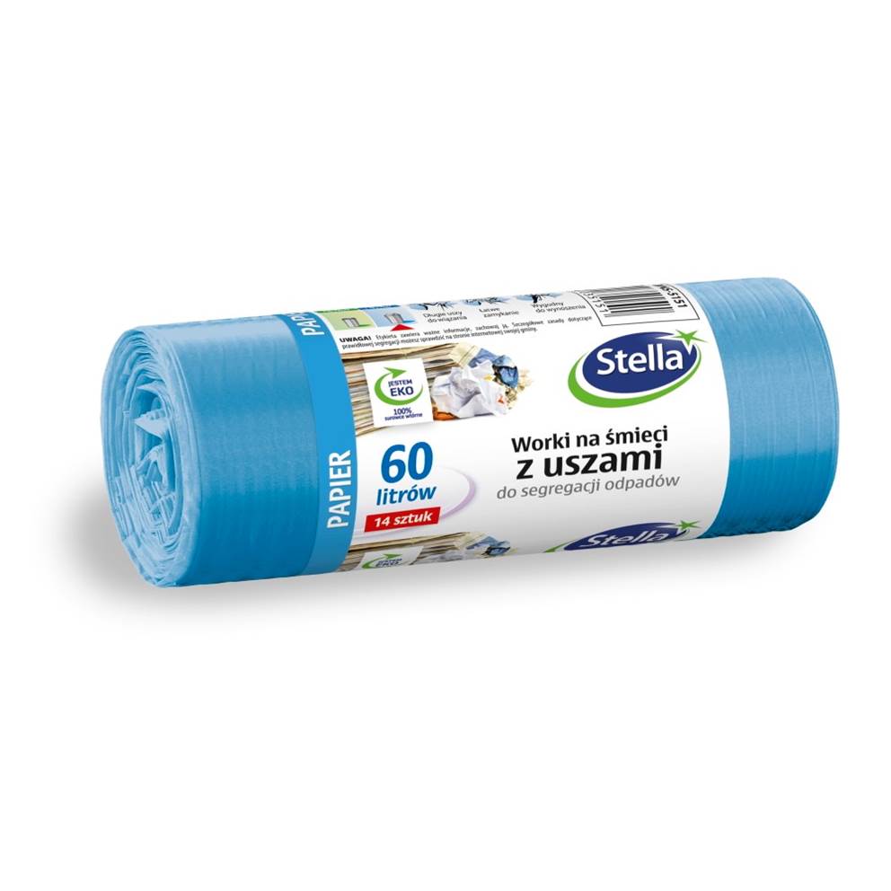 Worki z uszami STELLA, do segregacji odpadów papierowych, 60l, 14 szt., niebieskie, niebieski