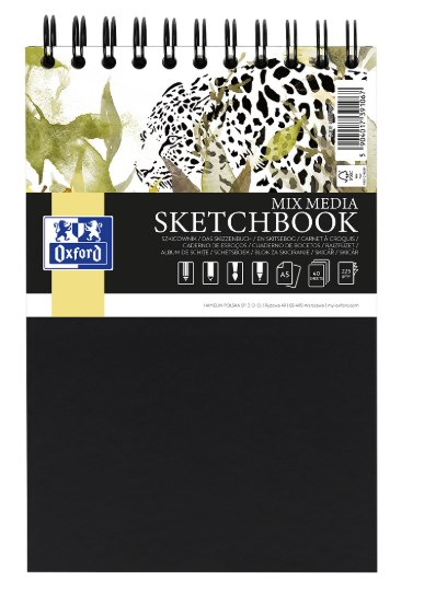 SZKICOWNIK OXFORD TRAVELLER SKETCHBOOK PODWÓJNA SPIRALA PO KRÓTSZYM BOKU A5 40K 225G CZARNY