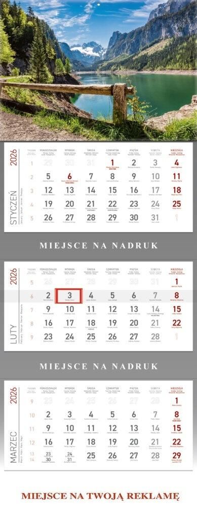 Kalendarz ścienny trójdzielny 2026 Górskie Jezioro


wymiar kalendarium 134x282mm
wymiar głowki 210x295