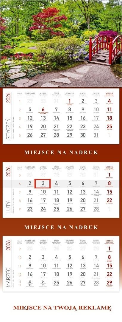 Kalendarz ścienny trójdzielny 2026 Ogród 


wymiar kalendarium 134x282mm
wymiar głowki 210x295