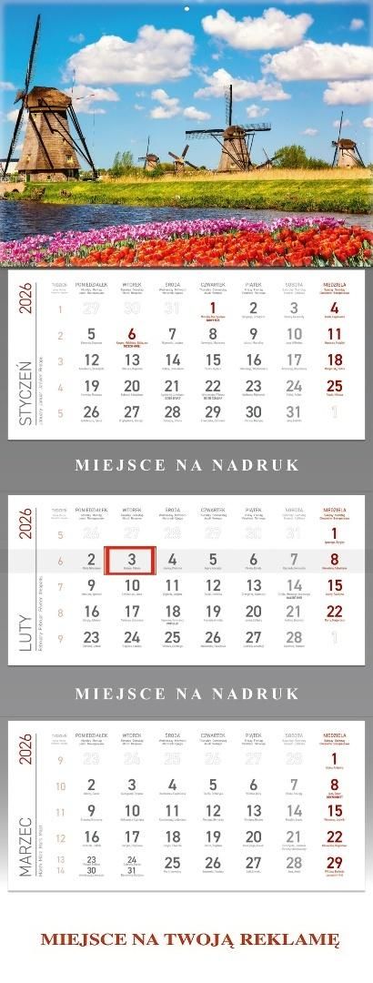 Kalendarz ścienny trójdzielny 2026 Wiatraki 

wymiar kalendarium 134x282mm
wymiar głowki 210x295
