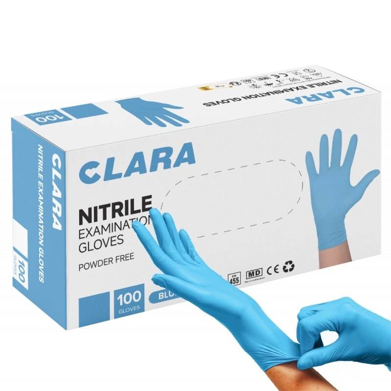 Rękawice nitrylowe bezpudrowe CLARA, 100 szt., rozmiar XL, niebieskie