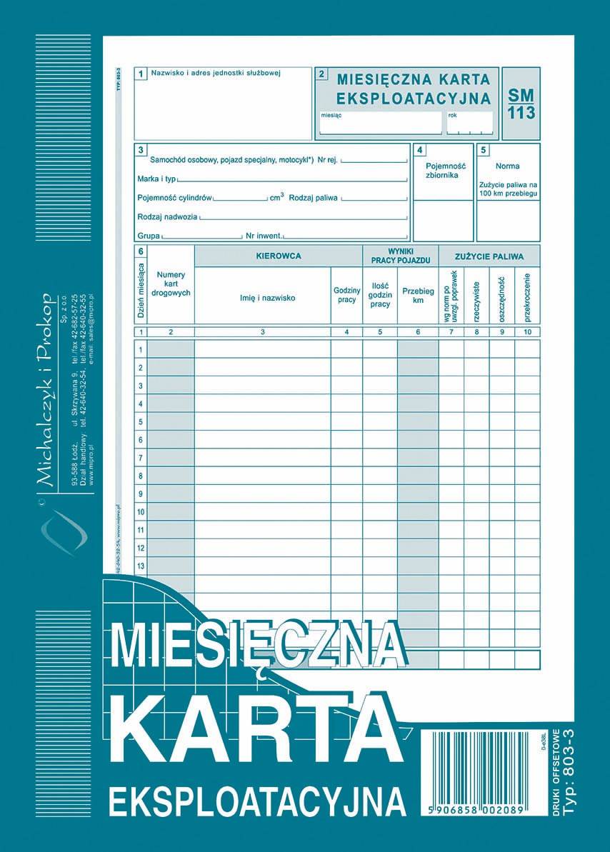 MKE Miesięczna Karta Ekspl.A5 (40)(SM/113)