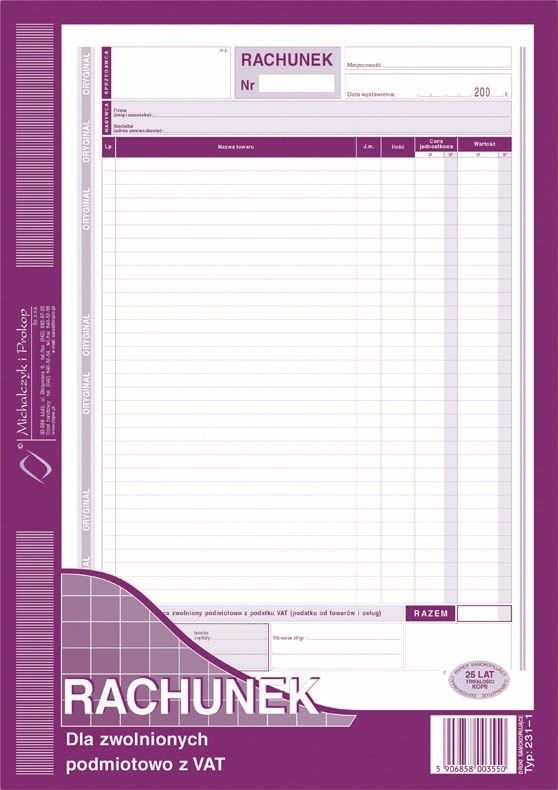 Rachunek A4 dla zwol.z VAT