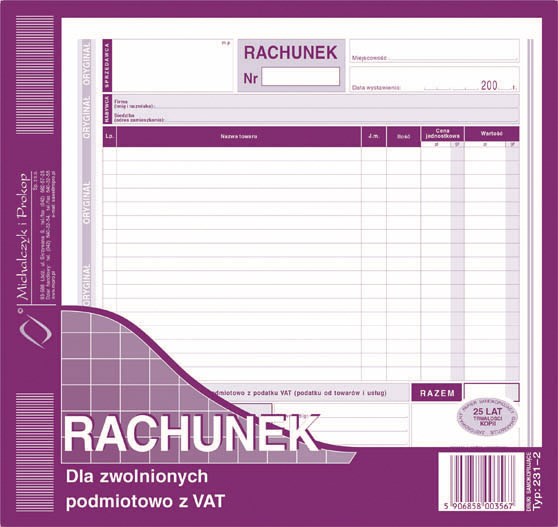 Rachunek 2/3 A4 dla zwol.z VAT