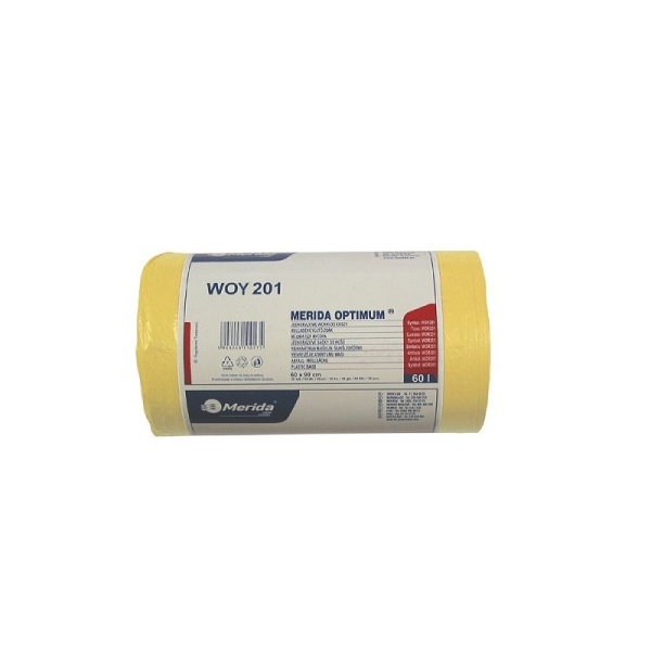 Worki na śmieci MERIDA OPTIMUM, 60 x 90 cm, pojemność 70 l, rolka 50 szt., ŻÓŁTE, HDPE/LDPE
