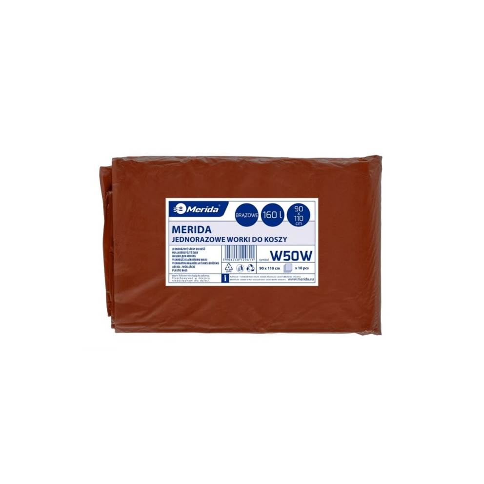 Jednorazowe worki na śmieci MERIDA, 90 x 110 cm, pojemność 160 l, paczka 10 szt., BRĄZOWE, LDPE