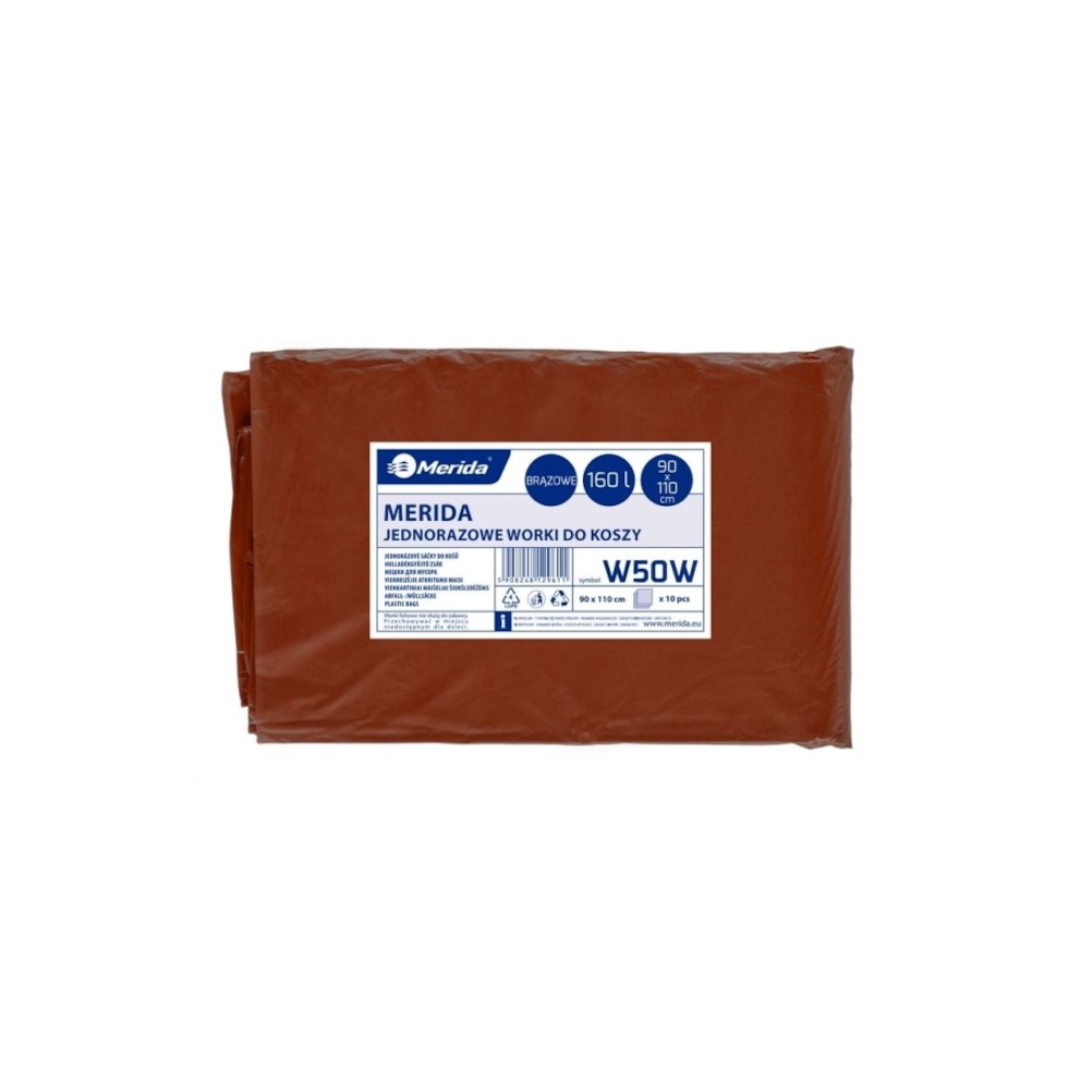 Jednorazowe worki na śmieci MERIDA, 90 x 110 cm, pojemność 160 l, paczka 10 szt., BRĄZOWE, LDPE