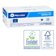 Papier toaletowy w listkach MERIDA TOP, biały, dwuwarstwowy, karton 9000 szt., ECOLABEL
